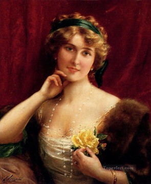 黄色いバラを持つエレガントな女性 エミール・ヴァーノン Oil Paintings